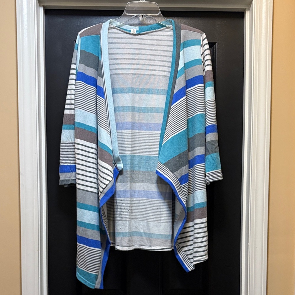 Striped Open-Front Cardigan Sweater - Blue, Gray, and White-asymmetrical